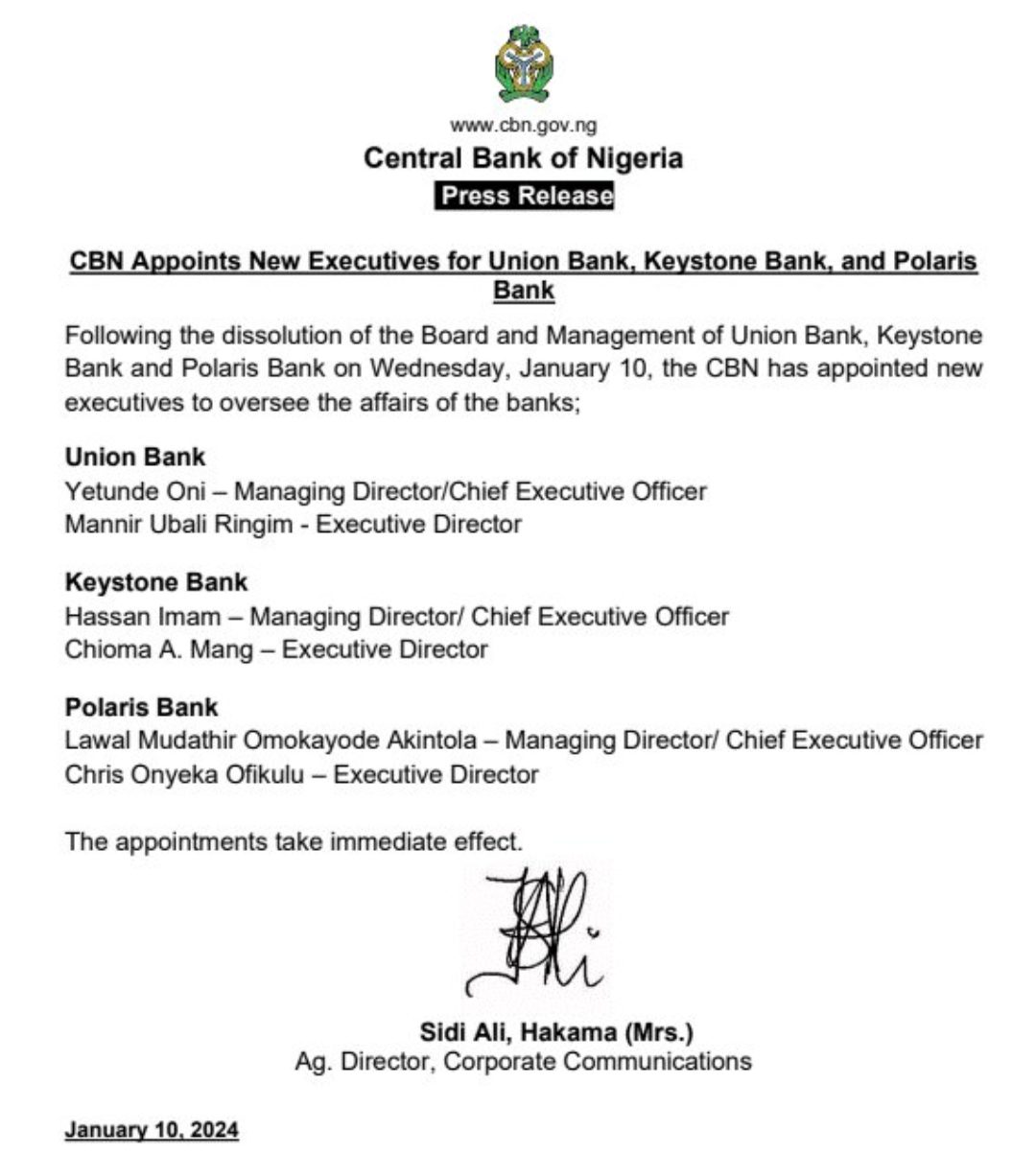 CBN Replaces Executives Of 3 Banks.