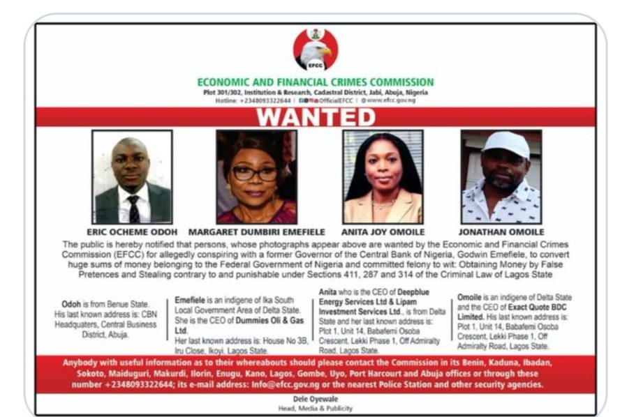 EFCC Declares 4 Persons Wanted for Alleged Conspiracy, Financial Fraud in CBN.