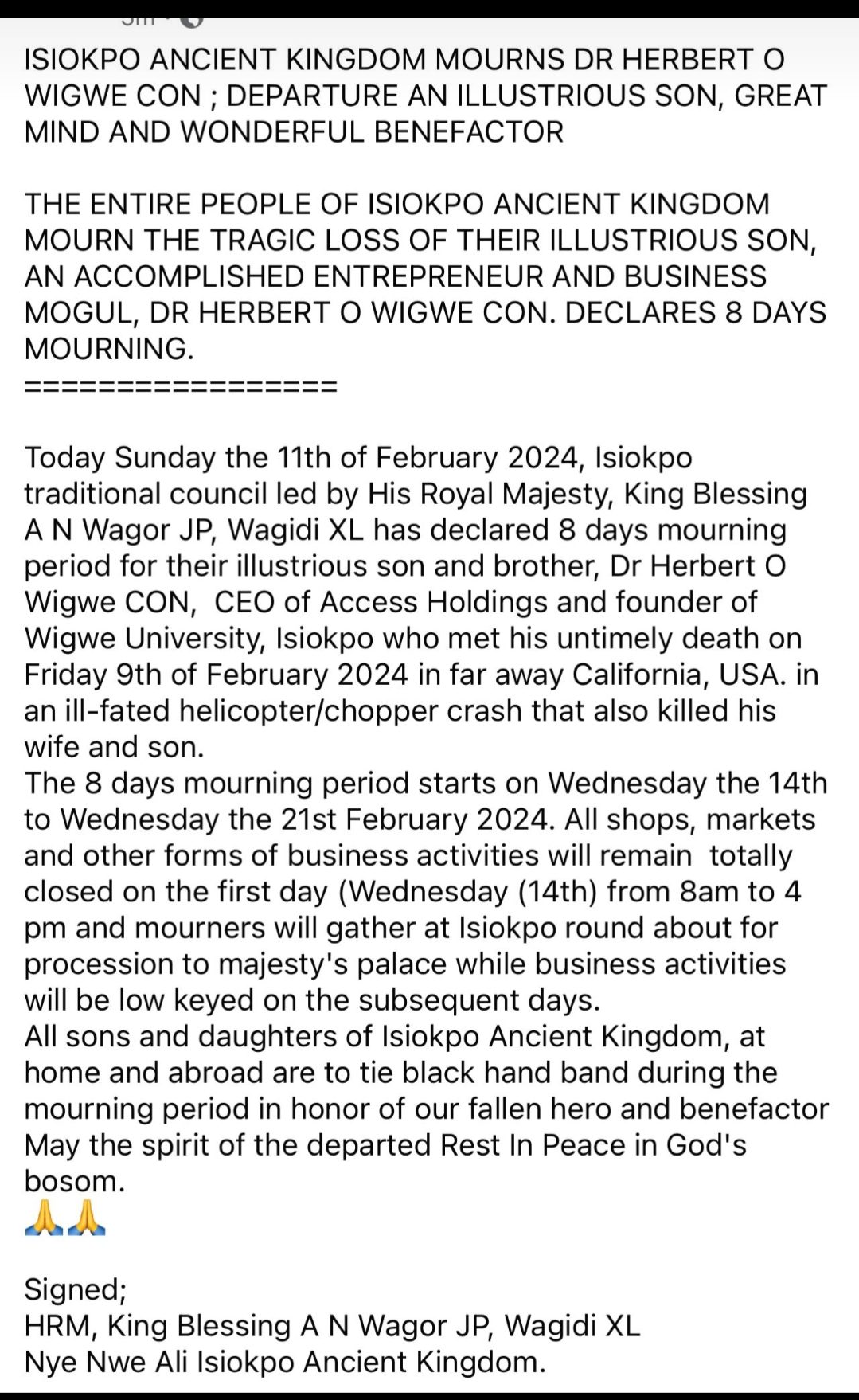 Isiokpo Ancient Kingdom Mourns Late Bank Chief,Dr Herbert Wigwe ,Announces 8 days  mourning