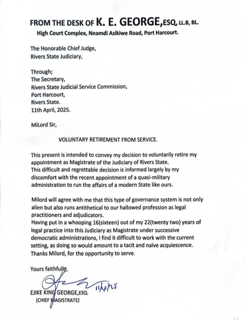 Chief Magistrate Voluntarily Retires Over “Quazi – Military” Rule rule in Rivers .