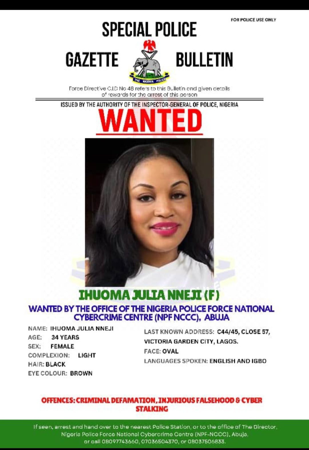 Police Declares Ihuoma Julia Nneji Wanted For Criminal Offences.
